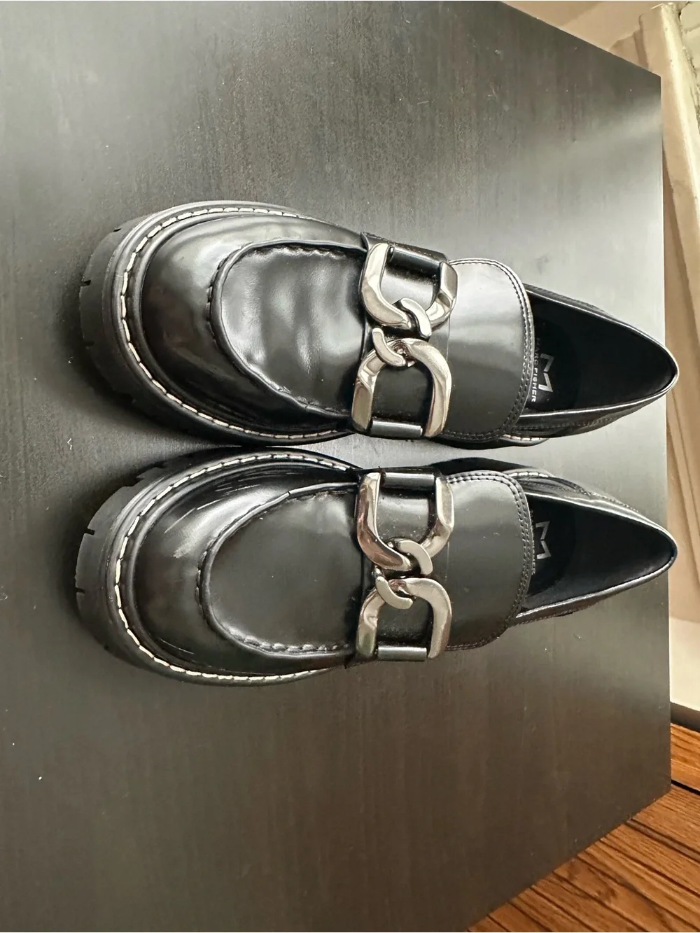 Marc Fisher Black Chunky Loafer with Silver Chain size 7.5